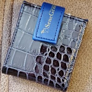 SeneGence blue alligator folder with mirror and mini makeup brushes
